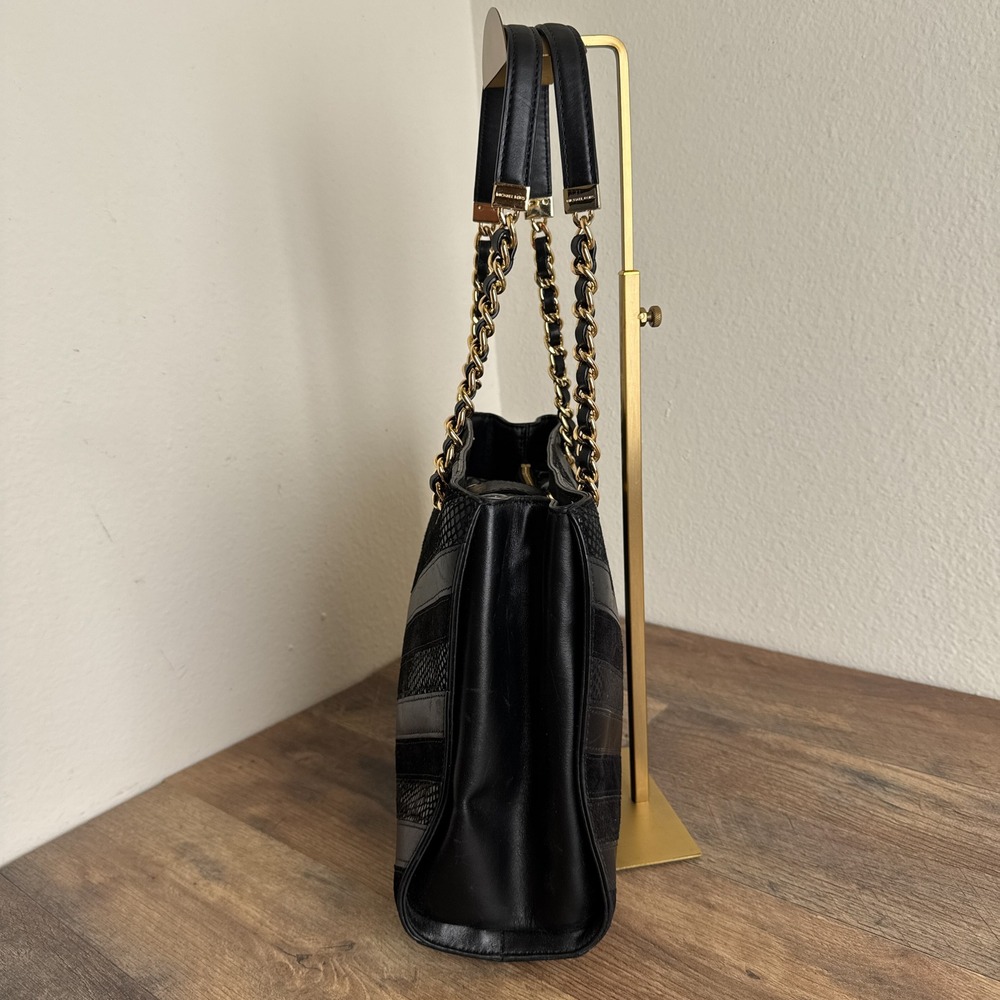 Michael‎ Kors Susannah Chevron Black Tote Bag Patchwork Snakeskin Embossed - Picture 15 of 16